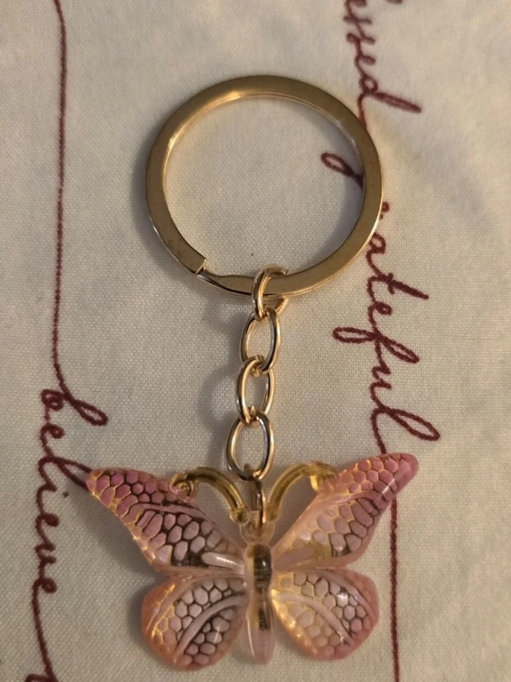Gold Tone Keyring with Pink Butterfly Charm